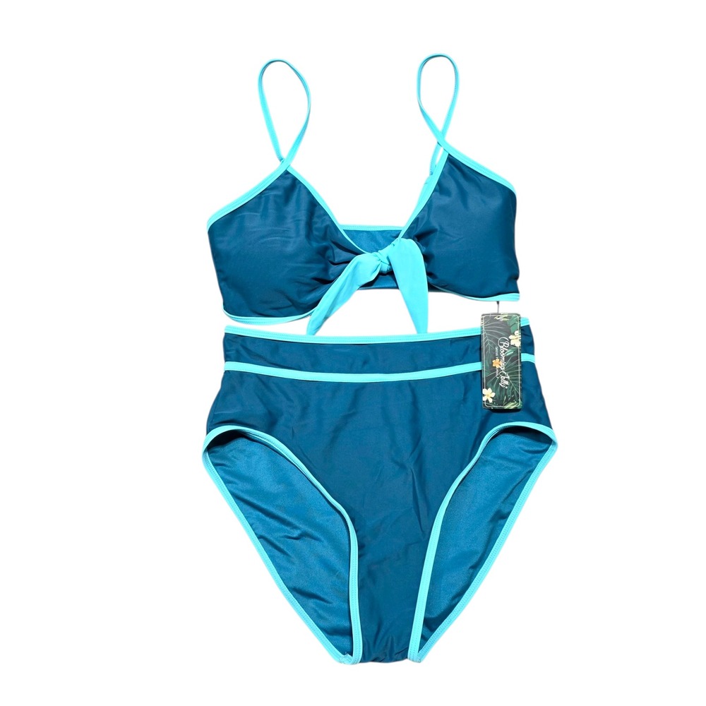NEW Blooming Jelly Blue Two Piece High Waisted Tie Front Bikini Swimsuit Size M‎
